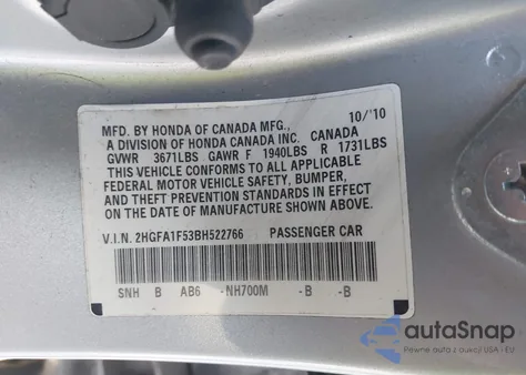 2011 Honda Civic Lx z USA, uszkodzony, nr VIN 2HGFA1F53BH522766